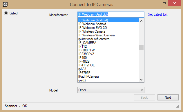 Select IP Webcam (Android) in the sources list