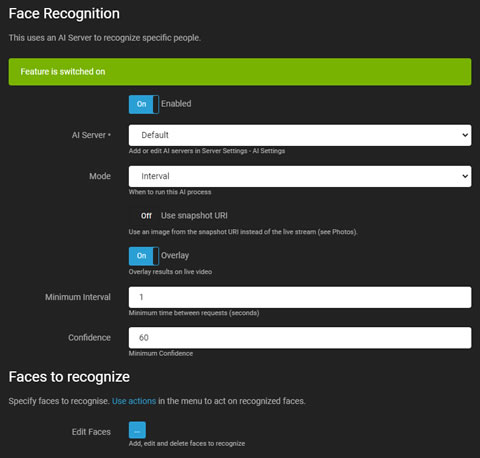 Configuración de reconocimiento facial con IA