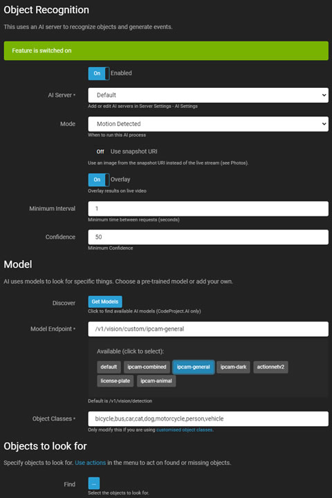 Configuración de reconocimiento de objetos de IA